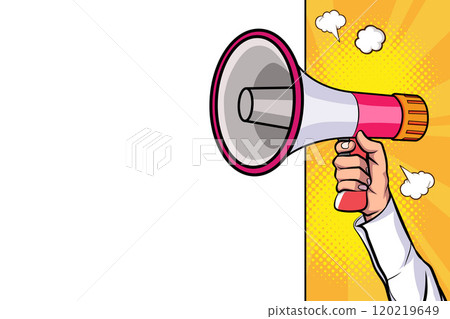 Hand holds megaphone bullhorn in retro pop art comic style Loudspeaker Business banner Hand holds megaphone bullhorn in retro pop art comic style Loudspeaker Business banner 120219649