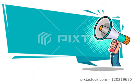 Hand holds megaphone bullhorn in retro pop art comic style Loudspeaker Business banner Hand holds megaphone bullhorn in retro pop art comic style Loudspeaker Business banner 120219650