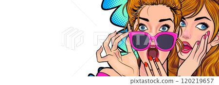 Woman whispering gossip or secret to her friend surprise In Retro Vintage Pop Art Comic 120219657