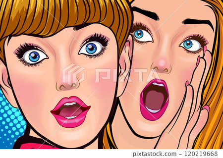 Woman whispering gossip or secret to her friend surprise In Retro Vintage Pop Art Comic 120219668
