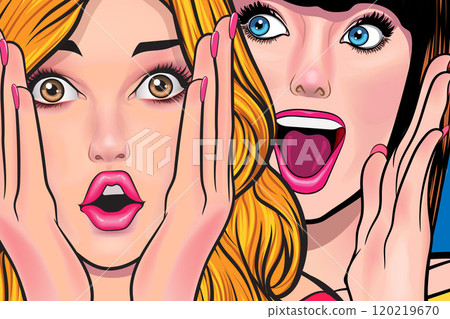 Woman whispering gossip or secret to her friend surprise In Retro Vintage Pop Art Comic 120219670