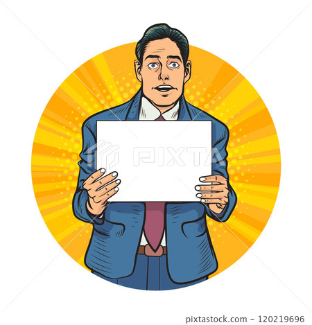 Avatar of man or business person in various poses, circle background, pop art comics style 120219696