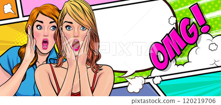 Woman whispering gossip secret to her friend surprise In Retro Vintage Pop Art Comic Style Woman whispering gossip secret to her friend surprise In Retro Vintage Pop Art Comic Style 120219706