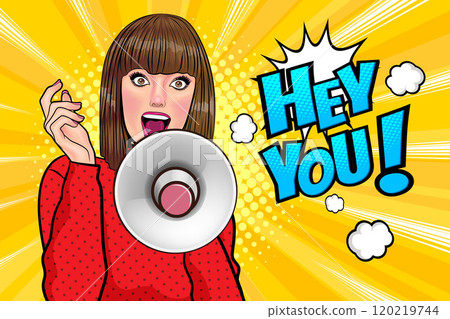 Business woman with loudspeaker megaphone  announcing discount or sale Special offer shopping time 120219744