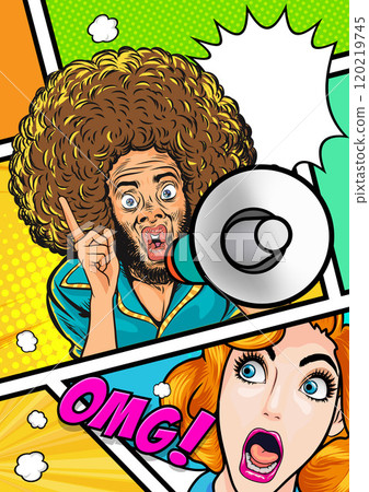 Business man with loudspeaker megaphone announcing discount or sale Special offer shopping time Business man with loudspeaker megaphone announcing discount or sale Special offer shopping time 120219745