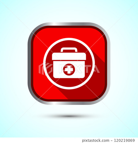 Medical first aid kit icon, Medicine emergency box health care sign. Blue Color Round Button Design Medical first aid kit icon, Medicine emergency box health care sign. Blue Color Round Button Design 120219869