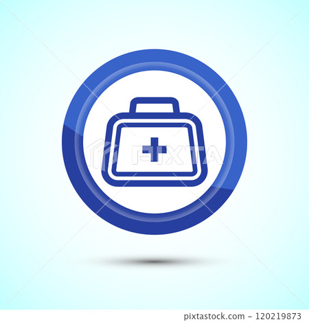 Medical first aid kit icon, Medicine emergency box health care sign. Blue Color Round Button Design 120219873
