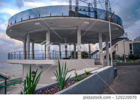 There is a summer terrace on the roof of the round building. A round, open-plan building with columns and a roof with a glazed terrace. There is a summer terrace on the roof of the round building. A round, open-plan building with columns and a roof with a glazed terrace. 120220070