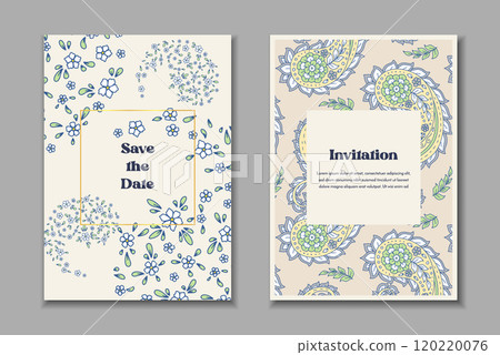 Two greeting cards templates set with floral paisley motifs. Wedding invitation with oriental flowers 120220076