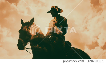 Silhouette of cocky cowboy man with hat on horseback in a field against sunset sky. Western style wallpaper with a guy riding black horse. Horseman. This is AI-generated item 120220115