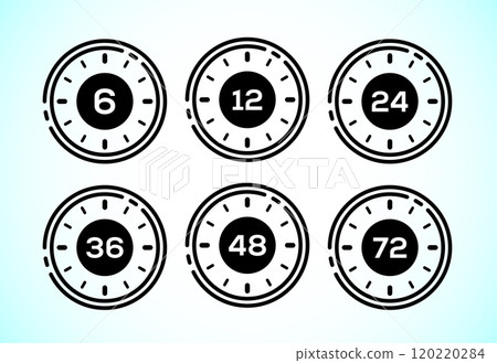 Work time icon design. 6, 12, 24, 36, 48 and 72 hours clock icons Work time icon design. 6, 12, 24, 36, 48 and 72 hours clock icons 120220284