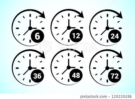 Work time icon design. 6, 12, 24, 36, 48 and 72 hours clock icons Work time icon design. 6, 12, 24, 36, 48 and 72 hours clock icons 120220286