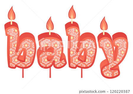 Happy Birthday cake font with pink yellow candle. Baby, symbol of number anniversary. Quinceanera girl party decor. Cartoon vector illustration. 120220387