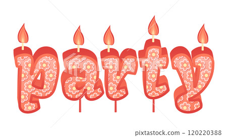 Happy Birthday cake font with pink yellow candle. Party, symbol of number anniversary. Quinceanera girl party decor. Cartoon vector illustration. 120220388