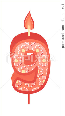Happy Birthday cake font with pink yellow candle. nine year, symbol of number anniversary. Quinceanera girl party decor. Cartoon vector illustration. 120220391