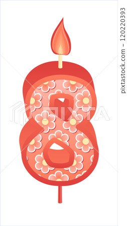 Happy Birthday cake font with pink yellow candle. eight year, symbol of number anniversary. Quinceanera girl party decor. Cartoon vector illustration. 120220393