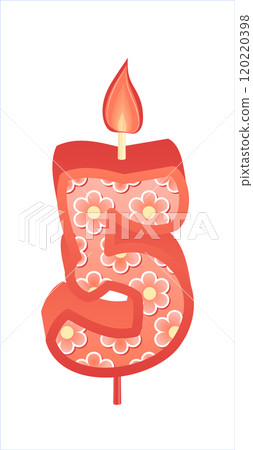 Happy Birthday cake font with pink yellow candle. five year, symbol of number anniversary. Quinceanera girl party decor. Cartoon vector illustration. 120220398