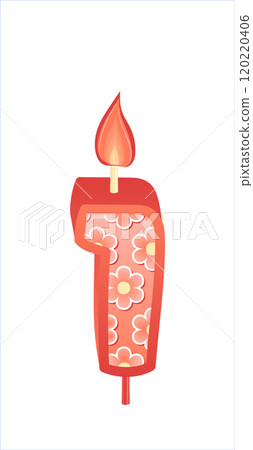 Happy Birthday cake font with pink yellow candle. One year, symbol of number anniversary. Quinceanera girl party decor. Cartoon vector illustration. 120220406