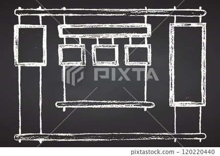 Shop window in interior of restaurant, cafe. bar. Shelves for dishes, glasses, bottles. Boards for menus, advertising and prices. Hand drawing sketch on chalkboard background. Vector illustration. 120220440