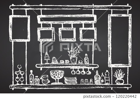 Shop window in interior of restaurant, cafe. bar. Shelves for dishes, glasses, bottles. Boards for menus, advertising and prices. Hand drawing sketch on chalkboard background. Vector illustration. Shop window in interior of restaurant, cafe. bar. Shelves for dishes, glasses, bottles. Boards for menus, advertising and prices. Hand drawing sketch on chalkboard background. Vector illustration. 120220442