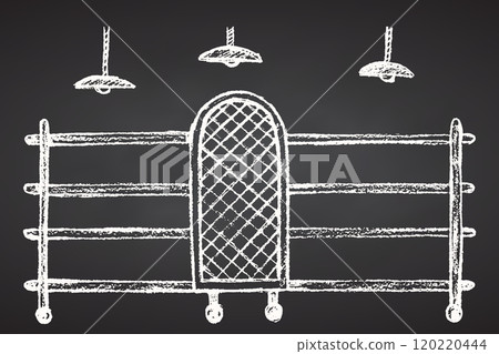 Empty Clothes hanger rack in interior of store, boutique, showroom. Shelves of wardrobe. Hand drawing sketch on chalkboard background. Vector illustration. Empty Clothes hanger rack in interior of store, boutique, showroom. Shelves of wardrobe. Hand drawing sketch on chalkboard background. Vector illustration. 120220444