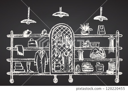 Clothes hanger rack with clothes, accessories and shoes in interior of store, boutique, showroom. Shelves of wardrobe. Hand drawing sketch on chalkboard background. Vector illustration. 120220455