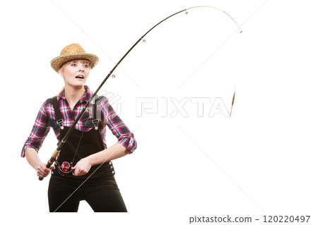 Happy woman in sun hat holding fishing rod 120220497