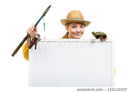 Happy woman with fishing rod holding board 120220507