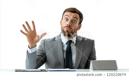 A man showing the number 5 with a unique expression 120220674