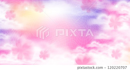 Cute y2k cloud sky sunset background with grid, stars and sakura flowers for girl party banner. Stock vector illustration in realistic style. 120220707