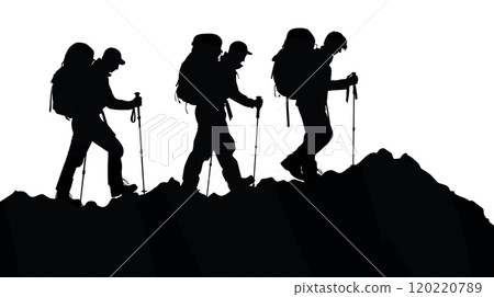 Silhouette of a mountaineer walking with his friends to the top Silhouette of a mountaineer walking with his friends to the top 120220789