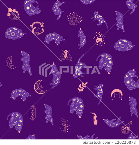 Mystical seamless pattern of cats in boho style, silhouette collection. Witchcraft and magic 120220878