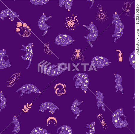 Mystical seamless pattern of cats in boho style, silhouette collection. Witchcraft and magic Mystical seamless pattern of cats in boho style, silhouette collection. Witchcraft and magic 120220880