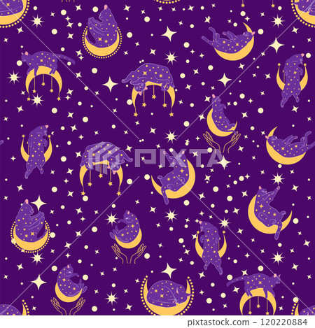 Mystical seamless pattern of cats in boho style, silhouette collection. Witchcraft and magic Mystical seamless pattern of cats in boho style, silhouette collection. Witchcraft and magic 120220884
