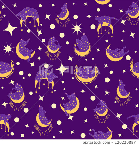 Mystical seamless pattern of cats in boho style, silhouette collection. Witchcraft and magic Mystical seamless pattern of cats in boho style, silhouette collection. Witchcraft and magic 120220887