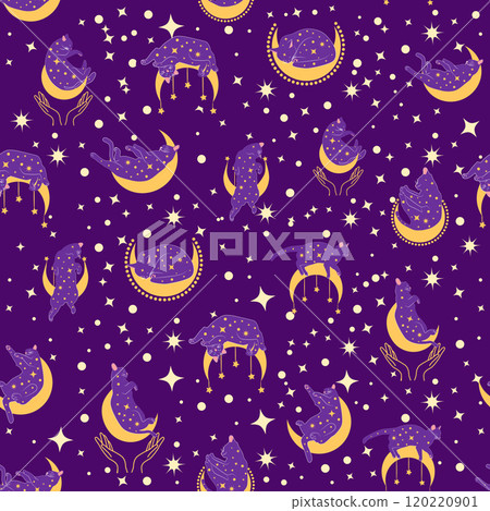 Mystical seamless pattern of cats in boho style, silhouette collection. Witchcraft and magic Mystical seamless pattern of cats in boho style, silhouette collection. Witchcraft and magic 120220901