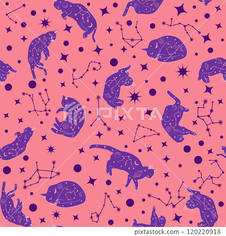 Mystical seamless pattern of cats in boho style, silhouette collection. Witchcraft and magic 120220918