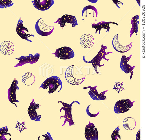 Mystical seamless pattern of cats in boho style, silhouette collection. Witchcraft and magic Mystical seamless pattern of cats in boho style, silhouette collection. Witchcraft and magic 120220929