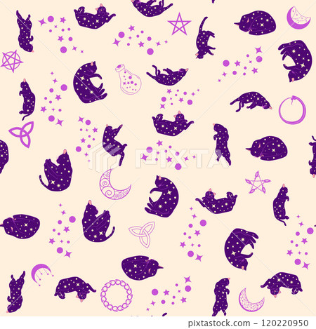 Mystical seamless pattern of cats in boho style, silhouette collection Mystical seamless pattern of cats in boho style, silhouette collection 120220950