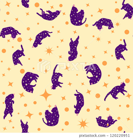 Mystical seamless pattern of cats in boho style, silhouette collection 120220951