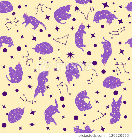 Mystical seamless pattern of cats in boho style, silhouette collection Mystical seamless pattern of cats in boho style, silhouette collection 120220953