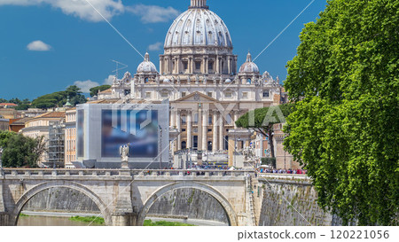 View of Saint Peter cathedral timelapse and bridge Saint Angel, Rome, Italy View of Saint Peter cathedral timelapse and bridge Saint Angel, Rome, Italy 120221056