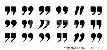 A set of flat quotation mark icons on a white background. A collection of quotation marks, isolated black vector icon in the form of a comma. A set of flat quotation mark icons on a white background. A collection of quotation marks, isolated black vector icon in the form of a comma. 120221176