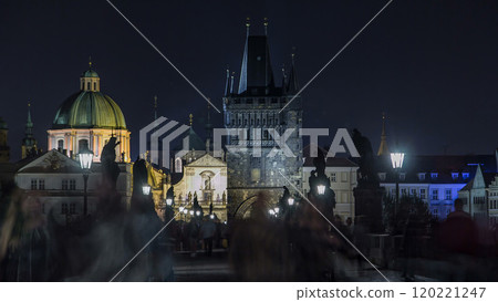 Magnificent Gothic structure called Stare Mesto Tower timelapse on Charles Bridge 120221247