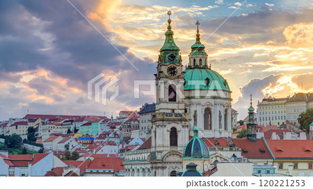 Sunset behind St Nicolas timelapse in Mala Strana in Prague 120221253