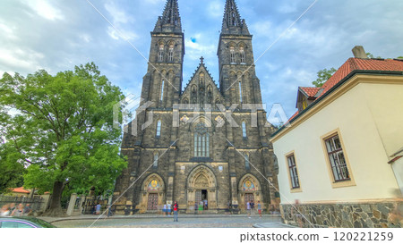 Neo-Gothic Saint Peter and Paul Cathedral timelapse hyperlapse in Vysehrad fortress, Prague. 120221259