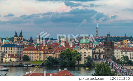 Scenic summer aerial view of the Old Town pier architecture and Charles Bridge over Vltava river timelapse in Praha. Prague, Czech Republic. 120221260