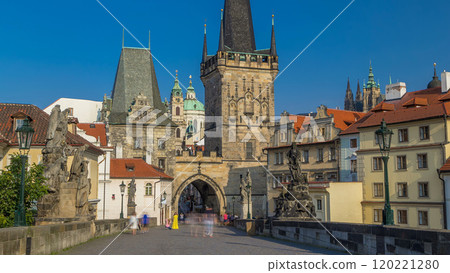 A view along Charles Bridge in Prague towards the Lesser Quarter in the morning timelapse. 120221280