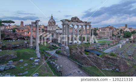 Ruins of Forum Romanum on Capitolium hill day to night timelapse in Rome, Italy Ruins of Forum Romanum on Capitolium hill day to night timelapse in Rome, Italy 120221310