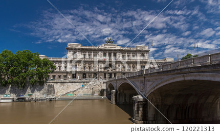 Palace of Justice timelapse hyperlapse - courthouse building with Ponte Sant' Umberto bridge. Rome, Italy. 120221313